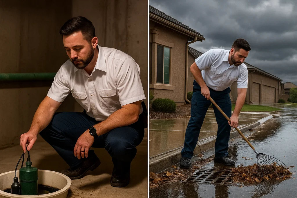 Split screen of plumbing monsoon season preparation.