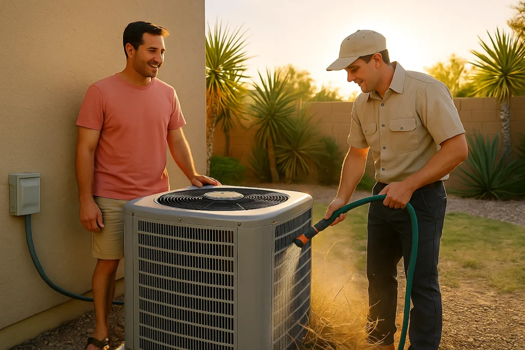 Technician clearing debris from outdoor AC unit in Arizona summer yard