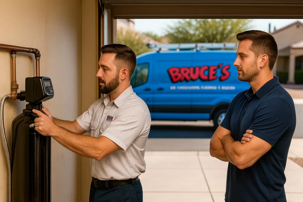 Technician installing water softener near main plumbing line in Arizona home