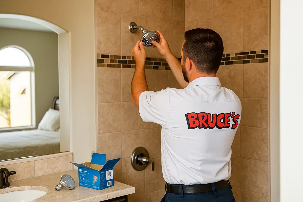 Plumber installs a low flow shower head in energy-efficient Scottsdale bathroom.