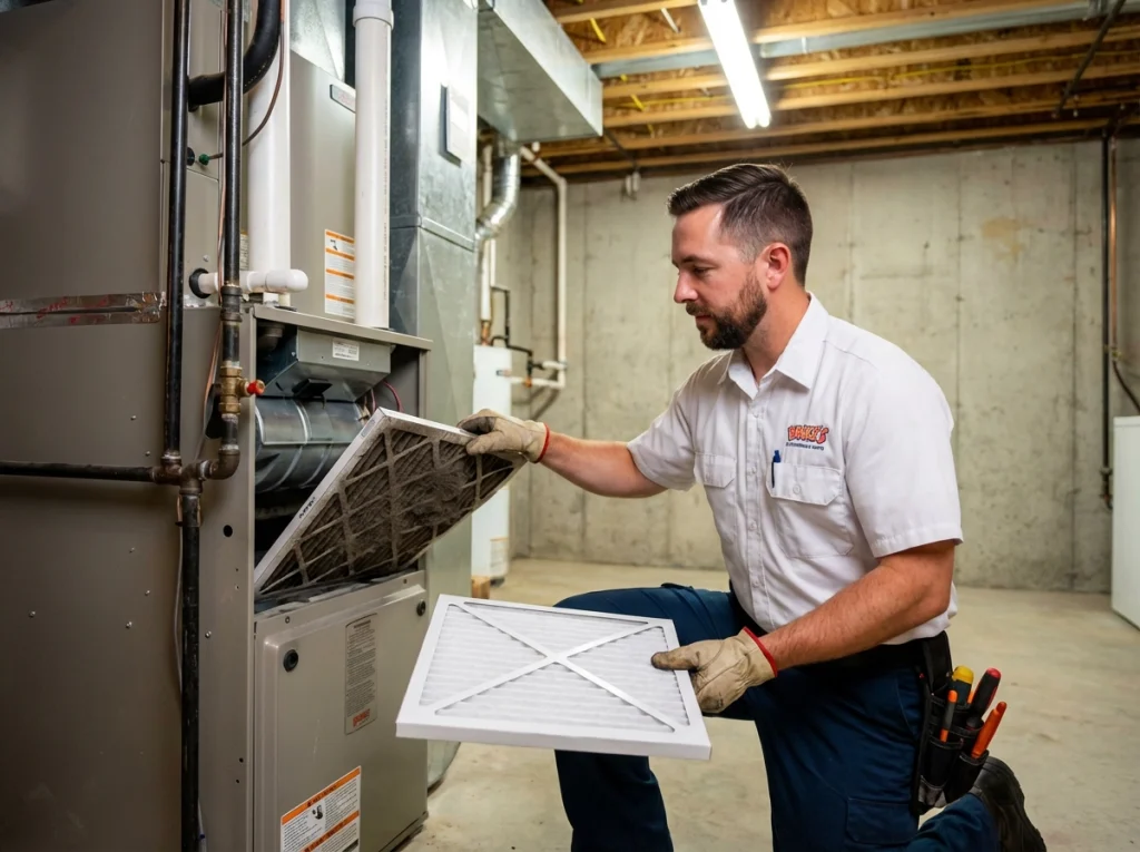 HVAC technician replacing a dirty air filter to improve indoor air quality during winter.