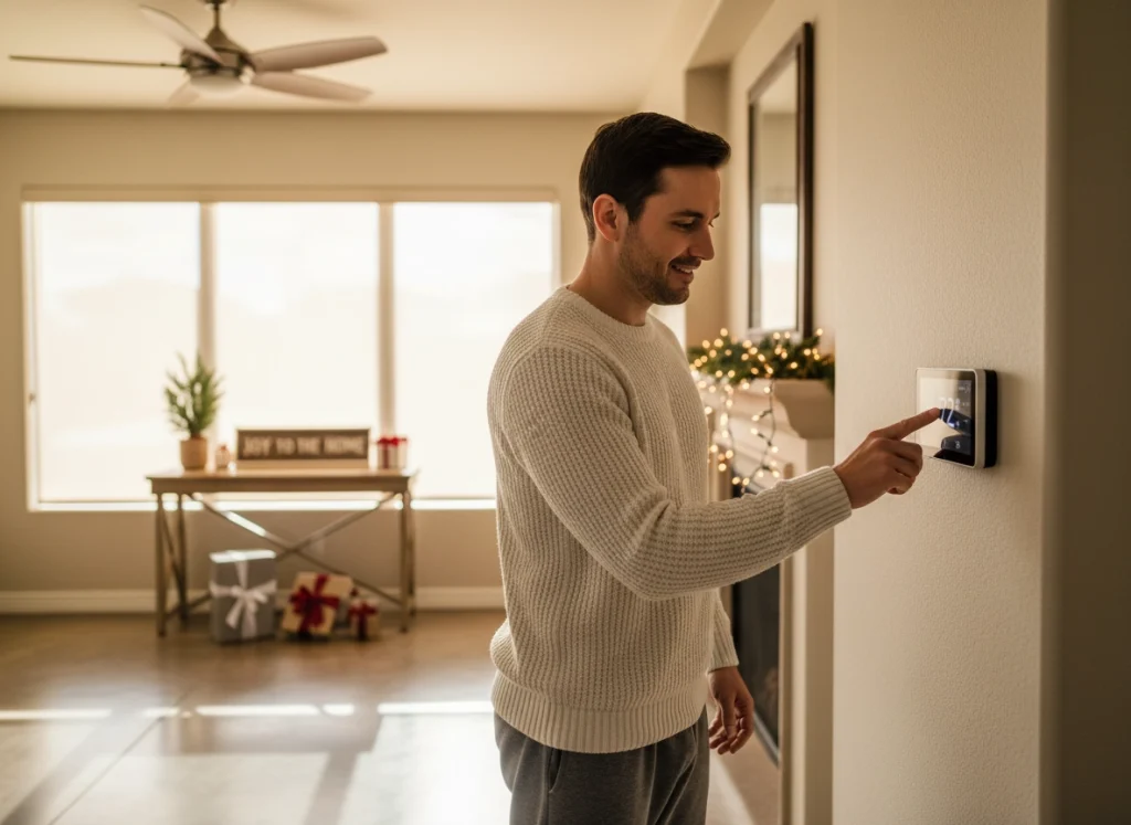 Homeowner adjusting smart thermostat in decorated Arizona home during holiday season