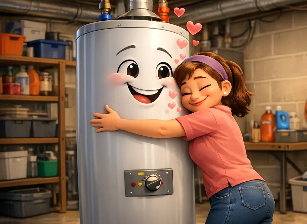 A Pixar type style homeowner hugging her happy water heater.