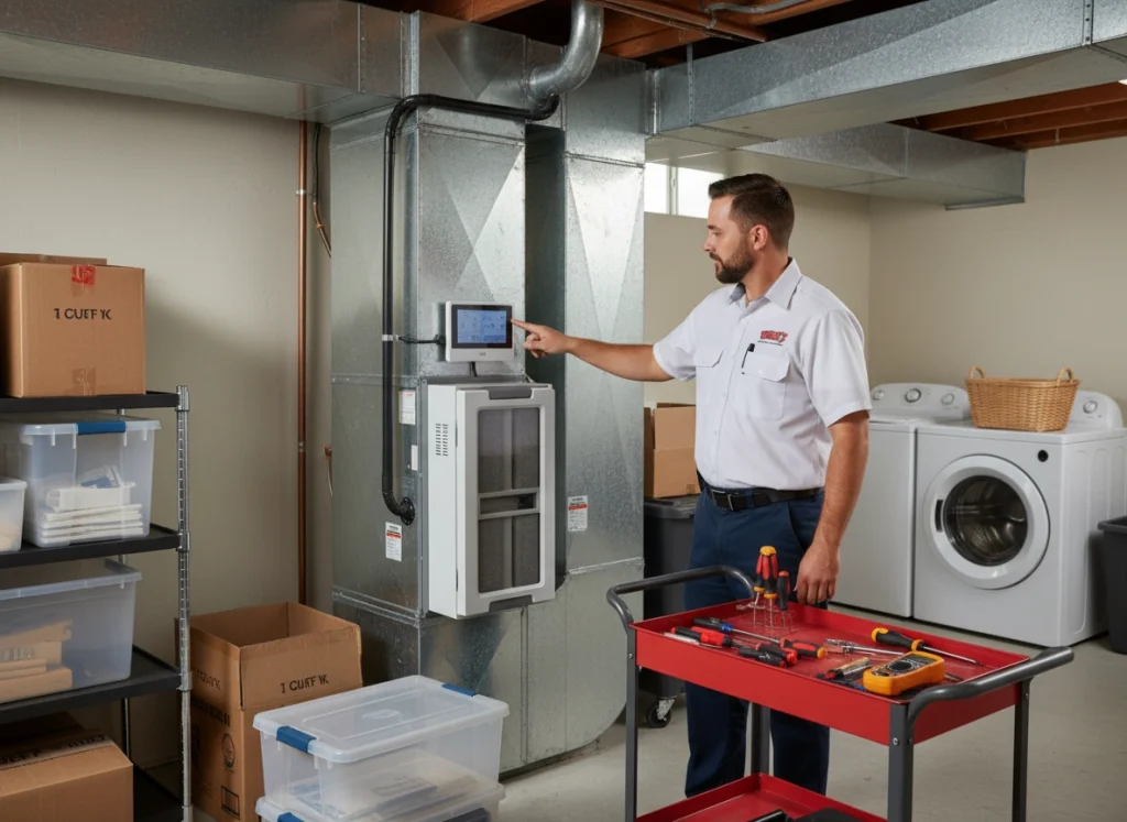 Whole‑home air purification system and HVAC technician demonstrating IAQ controller