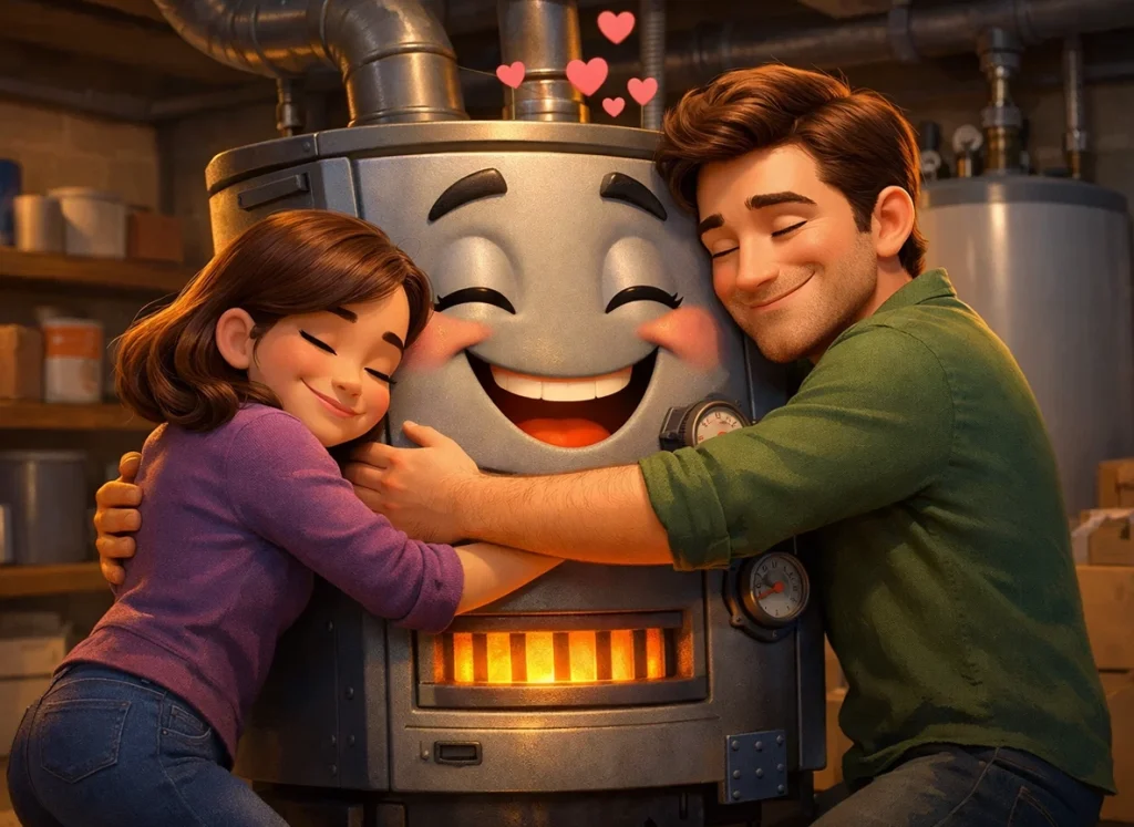 A cartoon couple hugging their furnace.