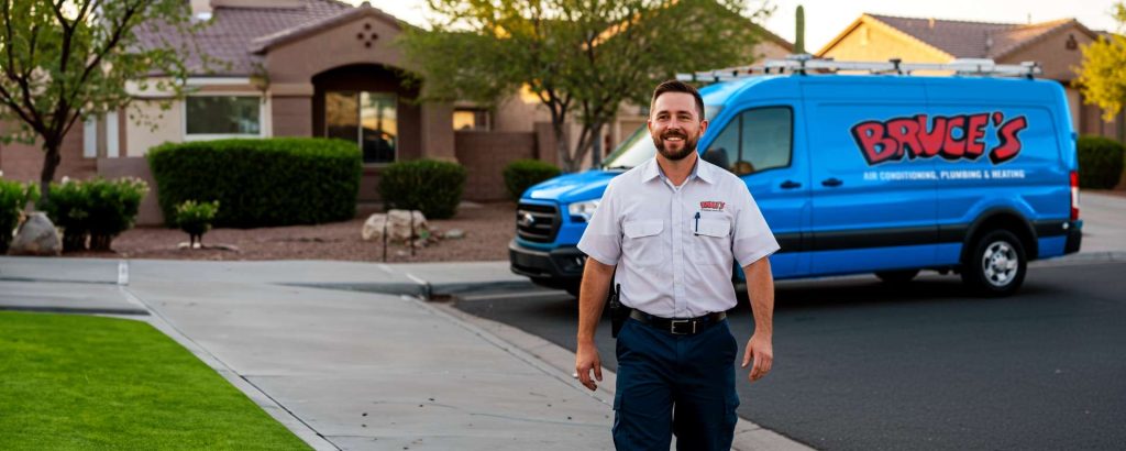 Happy Bruce's HVAC technician walking forward toward camera. There is a neighborhood and a Bruce's branded van in the background.